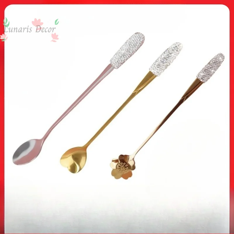 5pcRhinestone stainless steel spoon with diamonds household long handle spoon creative simple long coffee spoon cross-border