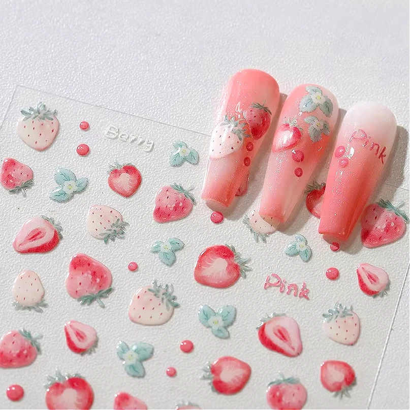 Cute Pink Cream Strawberry Fruit Raspberry Jelly Red Round Dot Fresh Cut Strawberries Nail Art Stickers Decals