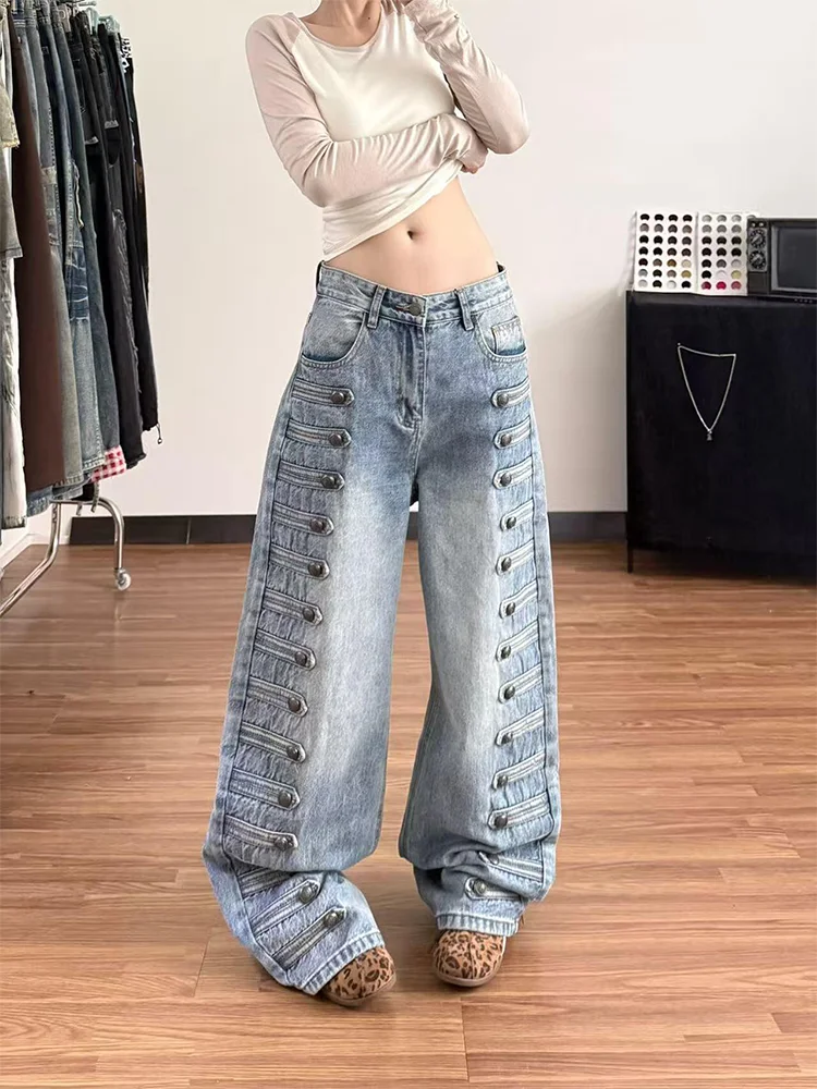 Large Size American Retro Court Style Metal Buckle Wide Leg Draping Long Jeans Women's Loose Fit Casual High Waist Denim Pants