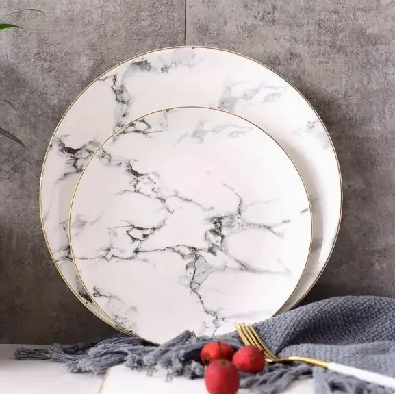 European 8inch+10inch 1 set American style Gilt edged marble golden dinner plate Steak dish dessert plates Porcelain Fish Plate