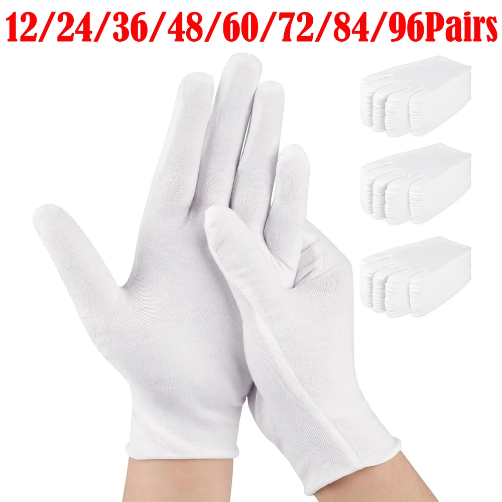 12-96 Pairs White Cotton Gloves Jewelry Gloves for Dry Hands Moisturizing Eczema Inspection Work Gloves Stretchable Cloth