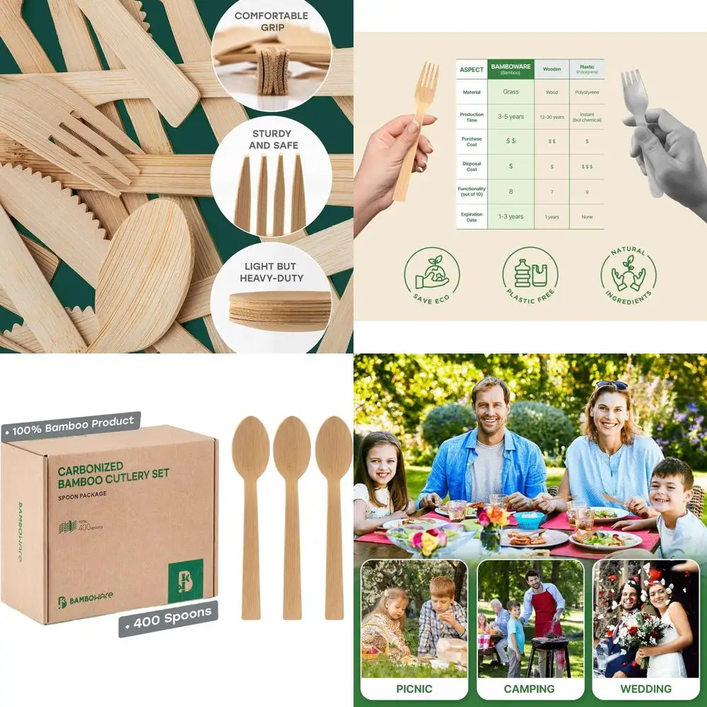 

100% Bamboo Disposable Cutlery - Carbonized, Biodegradable, Sanitized - Heavy Duty, Fully Functional (Spoon, 400 Pieces)