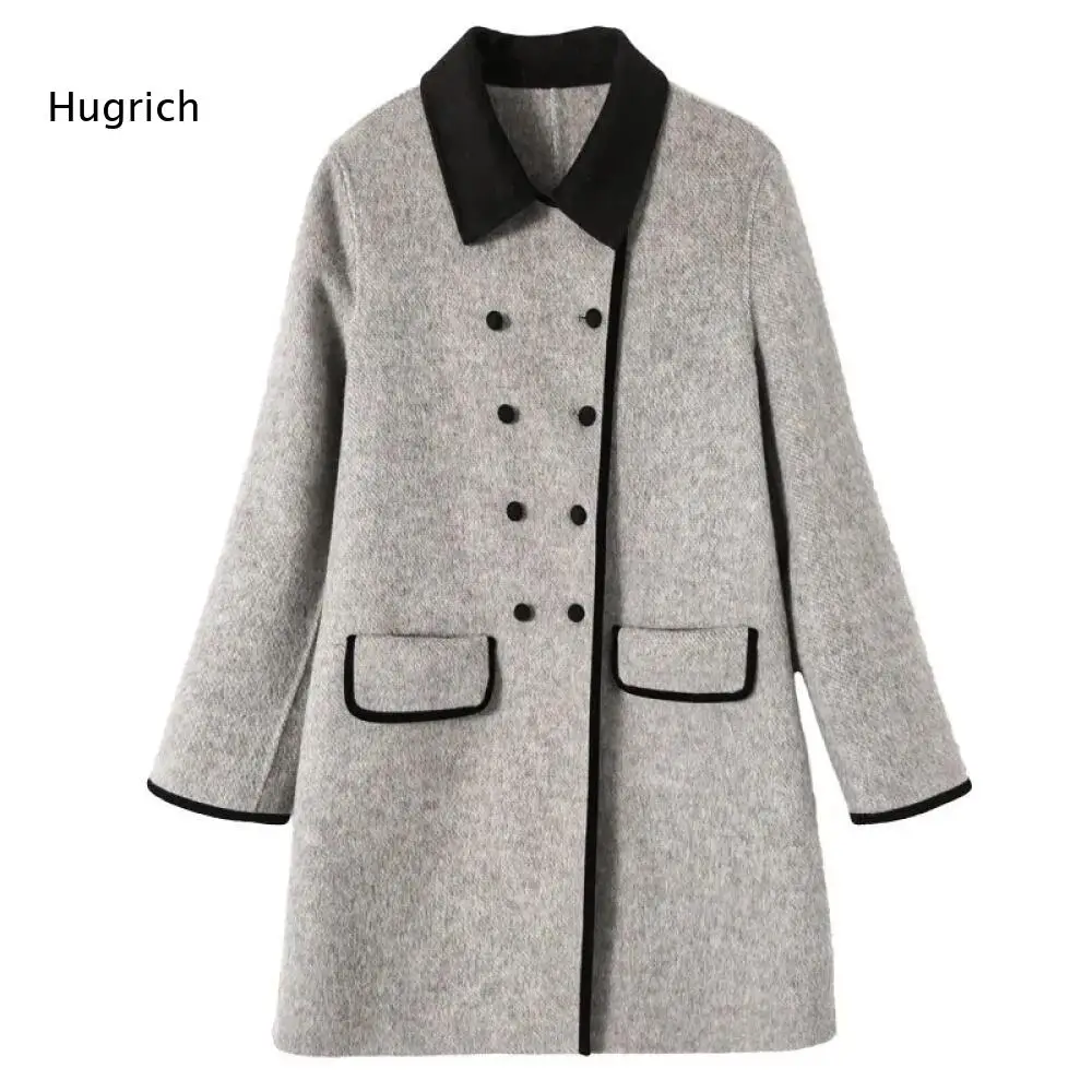 Women Autumn Winter Mid Outerwear Contrast Lapel Collar Double Breasted Coat Decorative Piping On Pockets And Cuffs