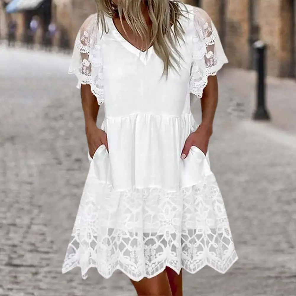 Popular Lace Dress V-Neck Anti-pilling Embroidery Lace Mesh Party Dress  Side Pockets Casual Dress Ladies Clothing