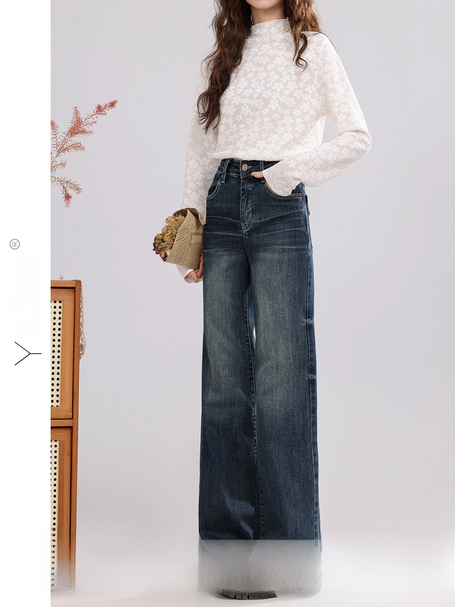 

Джинсы с высокой талией и широкими штанинами, женские, свободного кроя, повседневные, прямого силуэта, синие, из денима, осенне-зимние, модные, простые, стильные