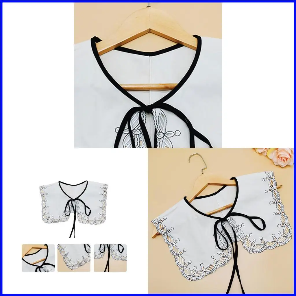 

Women Square Big Shawl Fake Collar Vintage Hollow Out Embroidery Floral Trim Necklace Scarf Contrast Color Lace-Up