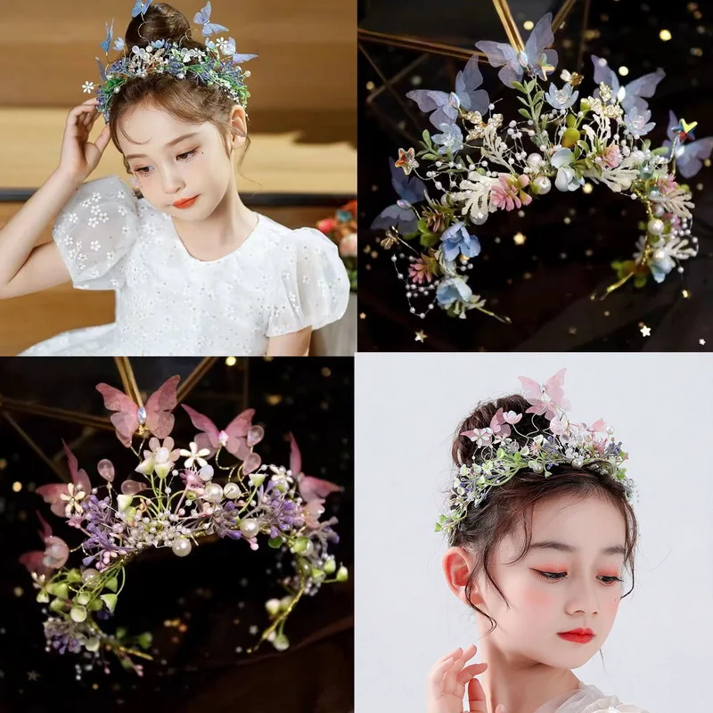 2024 słodki motyl wianek opaska na głowę dla dzieci  flower crown wianek na głowę z kwiatów wianek na głowę dziewczynka opaska kwiaty  opaska dziecięca w stylu leśnym wianek na głowędziewczyna nakrycie głowy