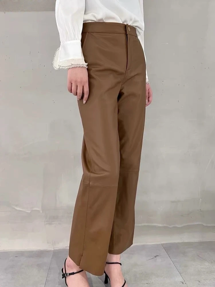 Women Leather Pants 2026 Trendy European Fashion Female Slit Thin Nappa Trousers Mujer Matt Smoke Pipe Streetwear Beige Pantalon