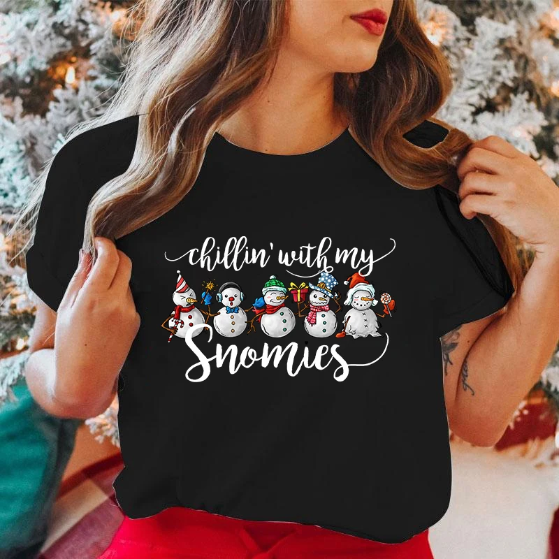 (Premium T-shirt)Funny Christmas Chillin With My Snowmies Printed Shirt Women'S Casual Personality T-Shirt Female Summer tops