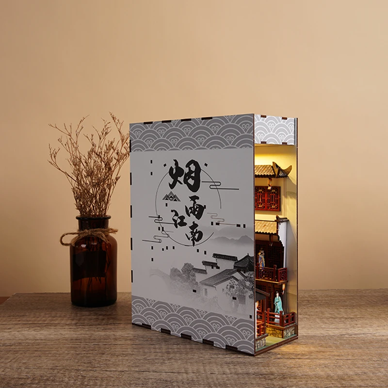 DIY Book Nook Insert Shelf Kits Wooden Miniature Building Kit Jiang'nan Ancient Town Bookend Bookshelf Home Decoration Gifts