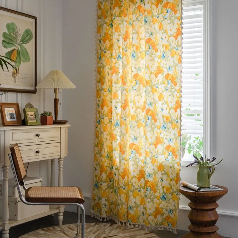 Cotton Linen Floral with Tassels Oil Paint CurtainThick Blackout Curtains for Living Room American Vintage Drape Bedroom Valance
