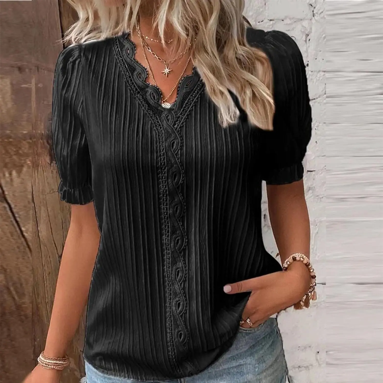 Evening Elegant Tops Classy Party Dressy Casual  Tshirts for Women Puff Sleeve Blouse Hollow V Neck Tunic