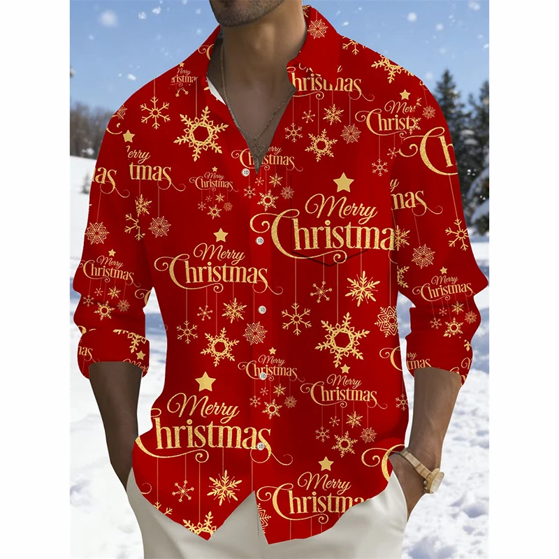 Full Print Christmas Tree Pattern Long Sleeve Button Shirt For Men Clothing Christmas Party Fashion Trend Print Shirts New Year