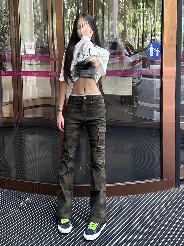 

Американские ретро-джинсы с камуфляжным принтом, зауженные, прямого кроя, женские, со средней/низкой посадкой, расклешенные брюки Cleanfit, модные, из смесового хлопка