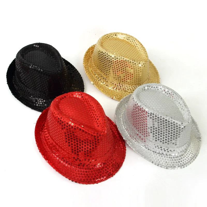 Hip Hop Magic Performance Hat Fashion Top Cap for Adult and Children Silver Sequins Jazz Stage Magic Hat for Men Kids