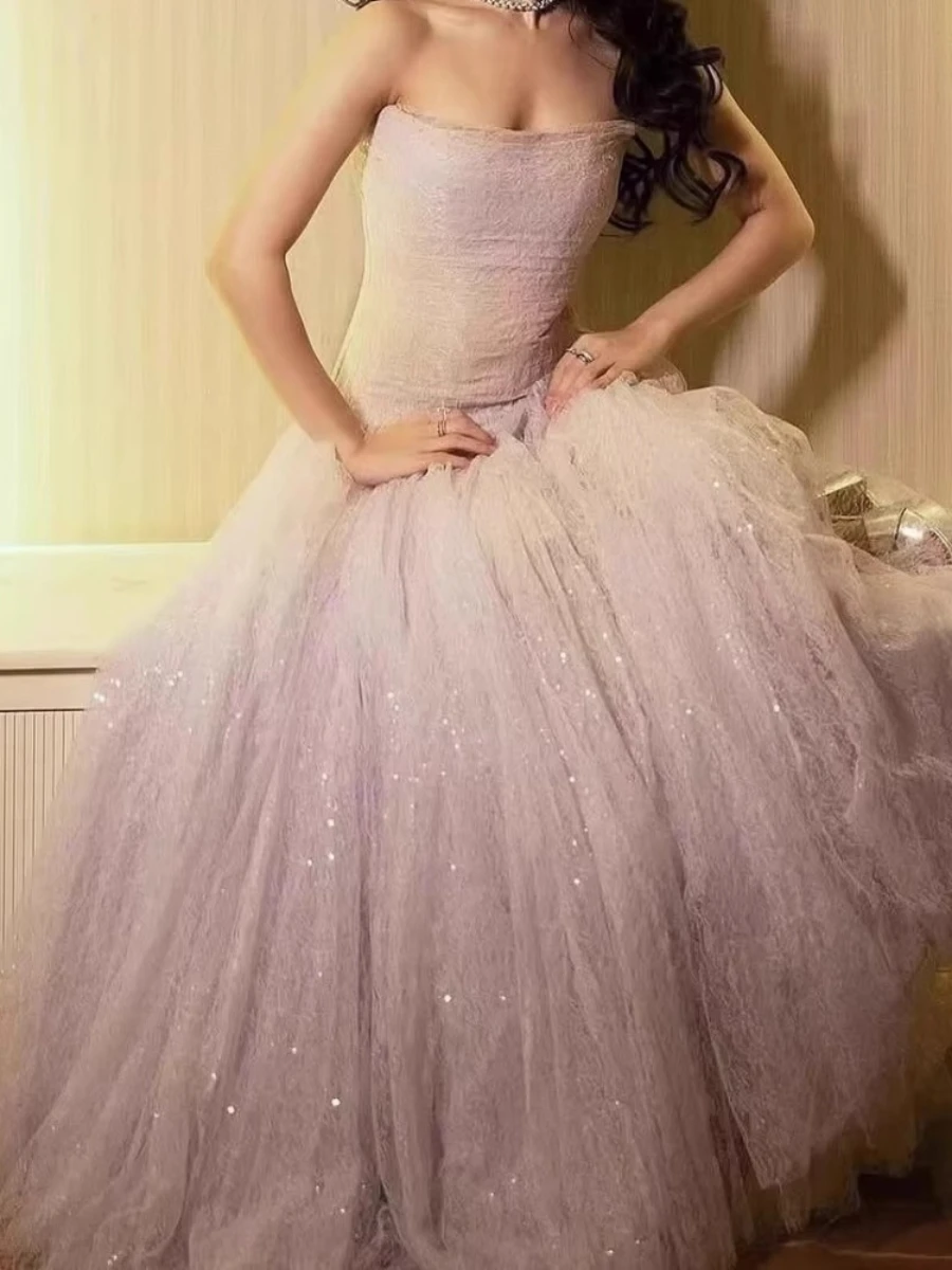 TWOTWINSTYLE Solid Sheer Spliced Mesh Elegant Midi Dresses for Women Strapless Sleeveless Patchwork Folds Dress Female Fashion