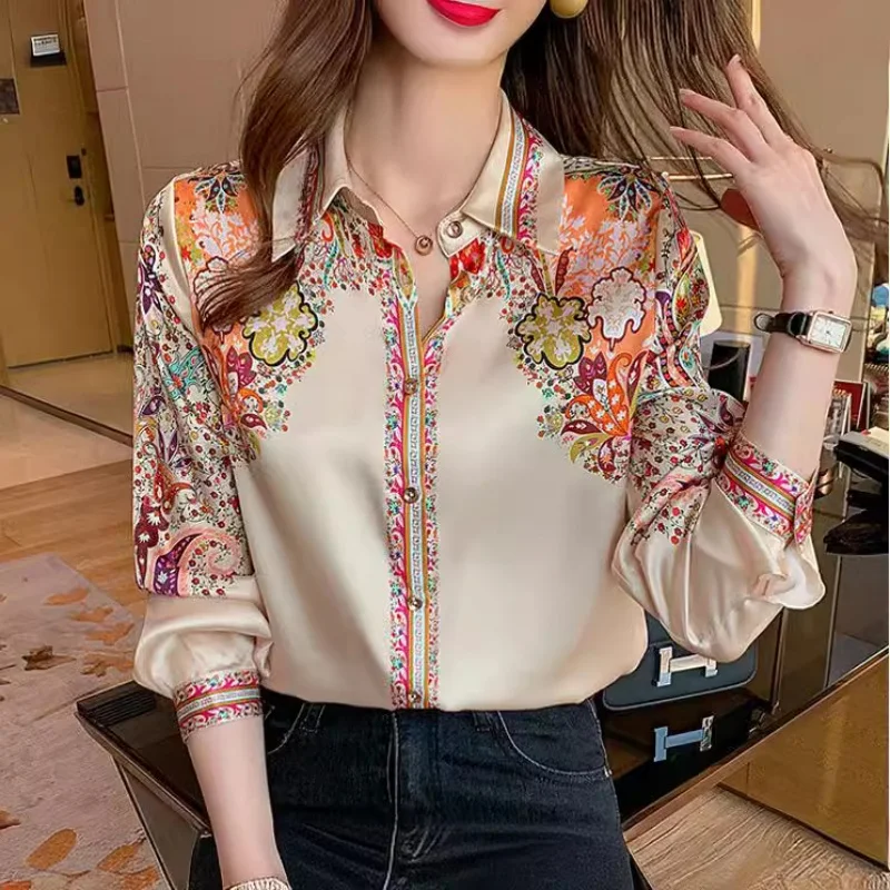 New Fashion Floral Print Women Shirts Satin Tops Long Sleeve Silk Blouses Office Lady Elegant Clothing