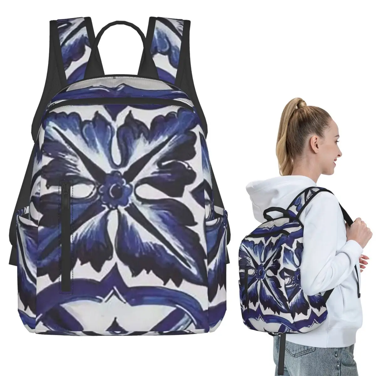 Blue Ornate Floral Mediterranean Sicilian Tile Placemat  Backpack Student BookBag Boys Girls School Bag Computer Shoulder Bags