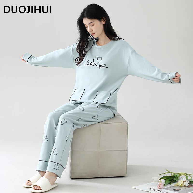 DUOJIHUI Pure Color Chic Pocket Casual pigiama per le donne autunno nuovo con pettorina Pullover Basic Pant Simple Female pigiama Set