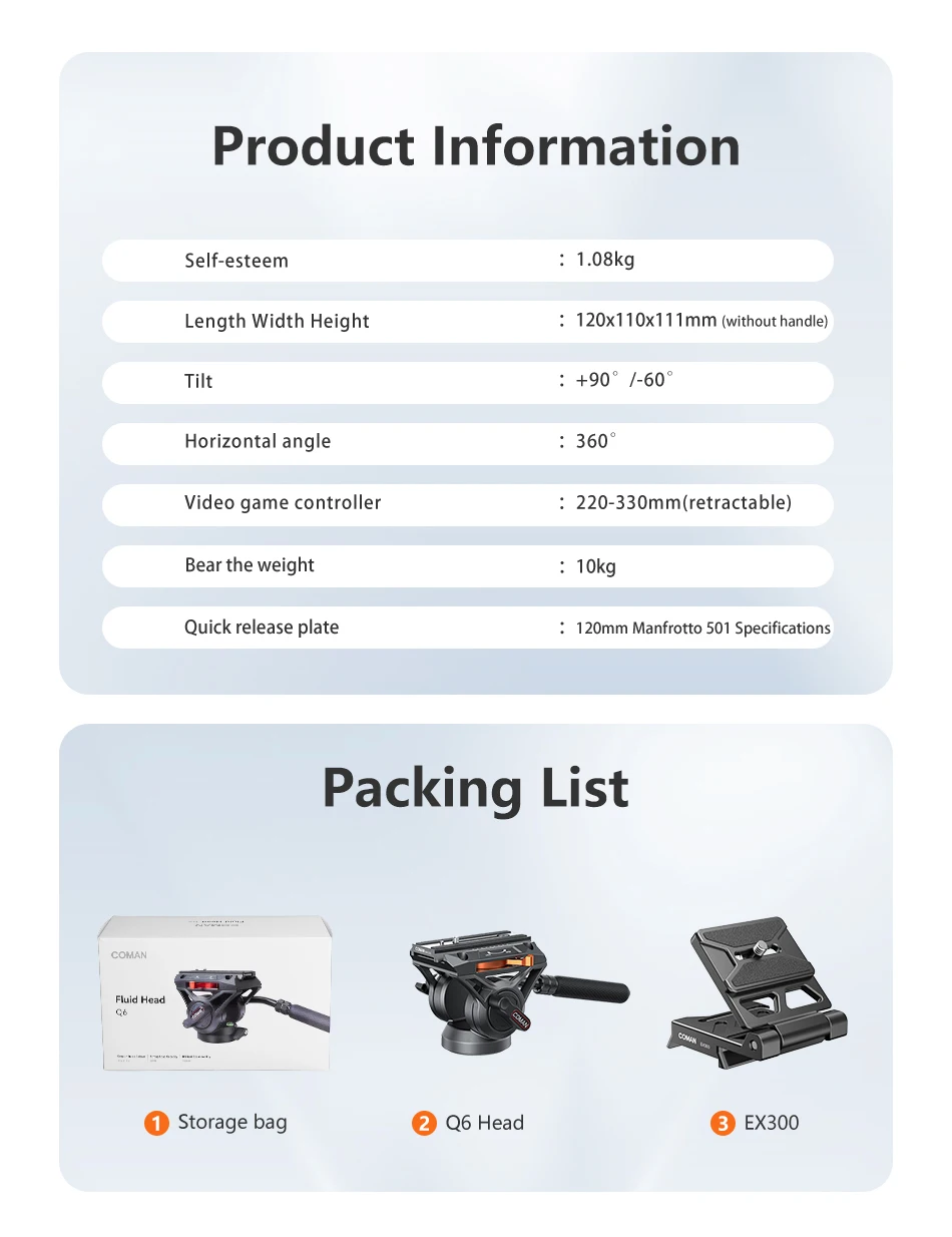 COMAN Q6 Panorama-Gimbal-Videokopf mit Schnellwechselplatte, kompatibel mit DJI RS4 Manfrotto Hydraulic Fluid Stativ DSLR-Kamera – Detail 11