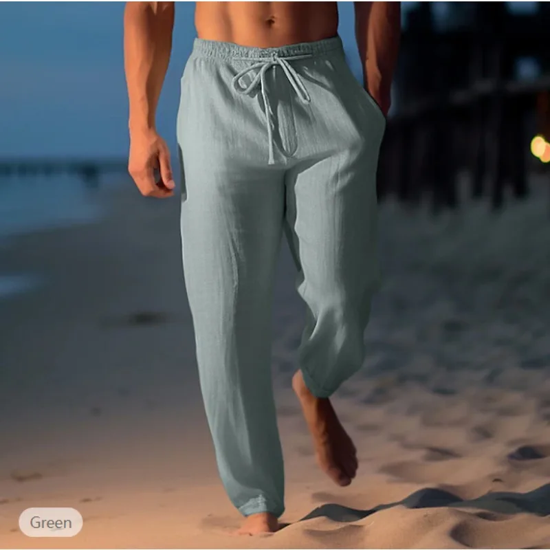 Men's Linen Trousers Summer Pants Beach Pants Drawstring Elastic Waist Straight Flat Comfortable Breathable Casual Daily