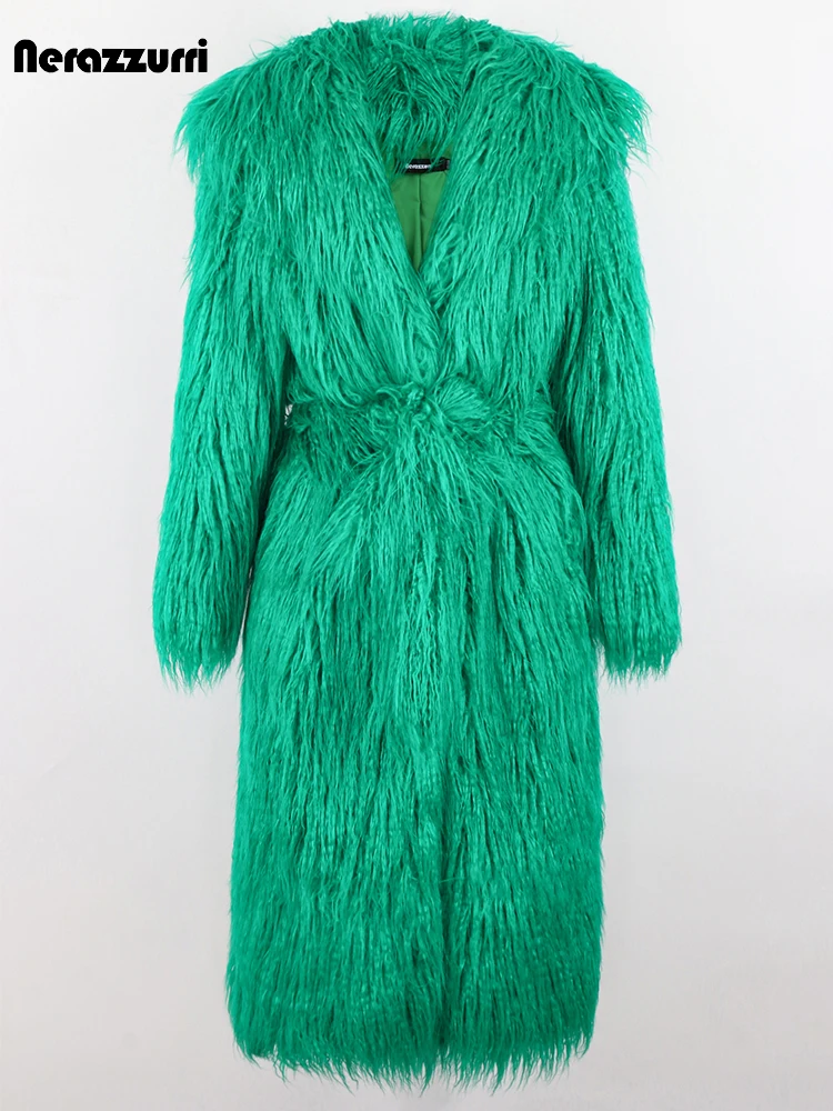 

Nerazzurri Winter Long Green Thick Warm Hairy Shaggy Fluffy Faux Fur Coat with Hood Belt Luxury Designer Runway Fashion 2022