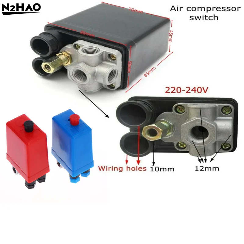 1*Red, Blue 90-120psi Automatic Air Pressure Switch Air Compressor Pressure Switch 4Port Manifold Electric Air Compressors Tool