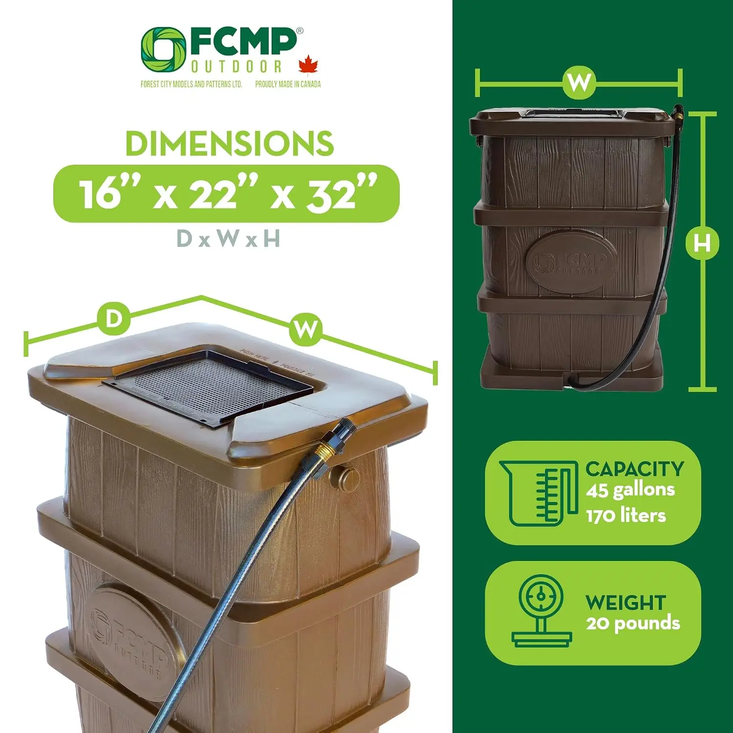 Slim Line Design Rain Barrel, 45 Gallon, Brown