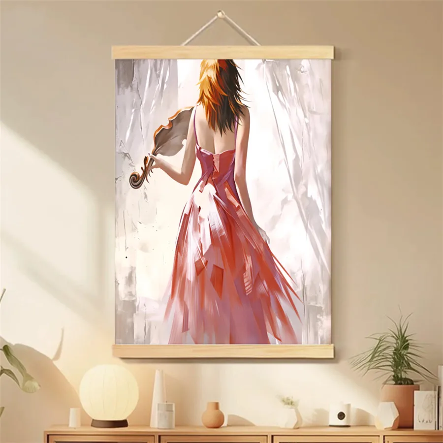 1 Scroll Hanging Canvas Painting Poster Prints Emerald Green Abstract Human Art Poster Minimalist Female Oil with Flowers