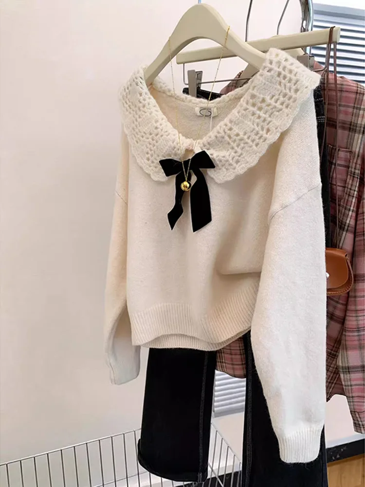 Korean Style Sweaters Women Fashion Sweet Pullovers Bow Knited Tops Vintage Patchwork Sweater Autumn Winter New