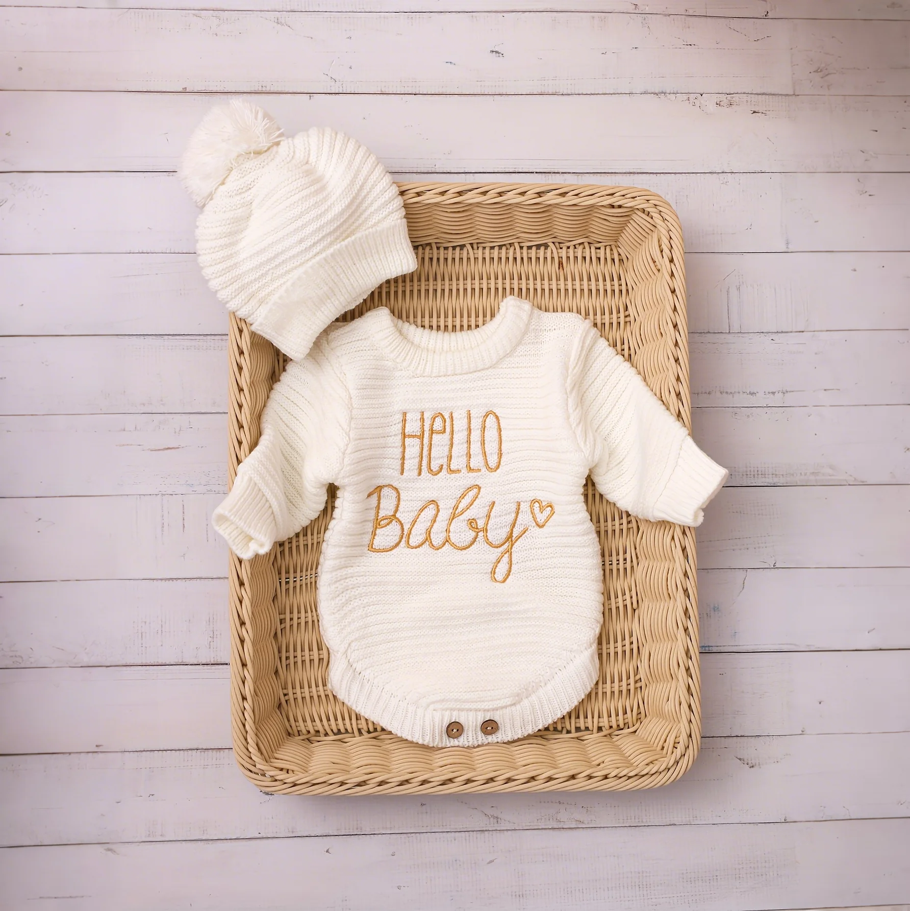 Ylsteed Hello Baby Newborn Photography Romper and Pom Hat Set Knitted Newborn Girl Outfits for Photo Shooting Infant Photo Props