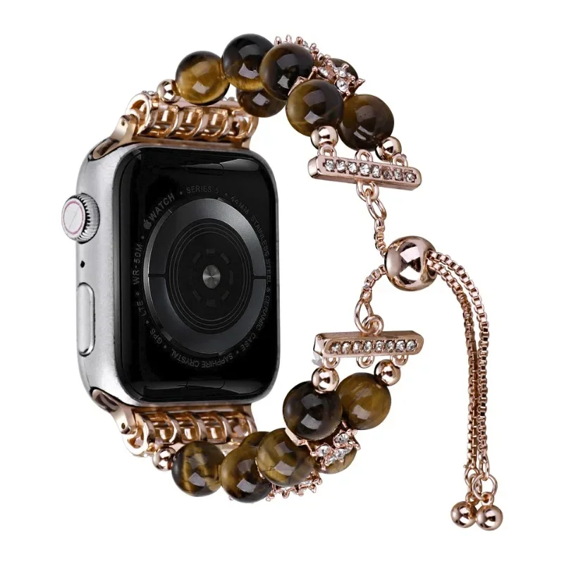 Double Row Pearl Agate Set Diamond Retractable Chain Band For Apple Watch 45 41 40 42mm SE Bracelet IWatch Serie Woman Strap