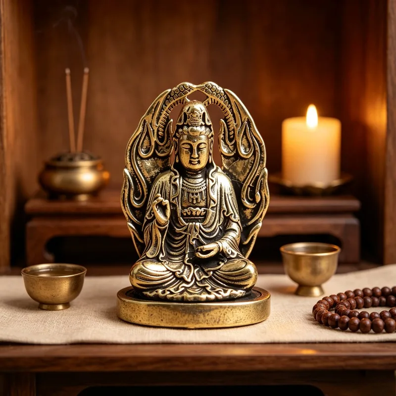 Vintage Brass Seated Guanyin Bodhisattva Statue, Dragon Halo Kwan-yin Figurine on Round Base, Mini Desktop Ornament view 4