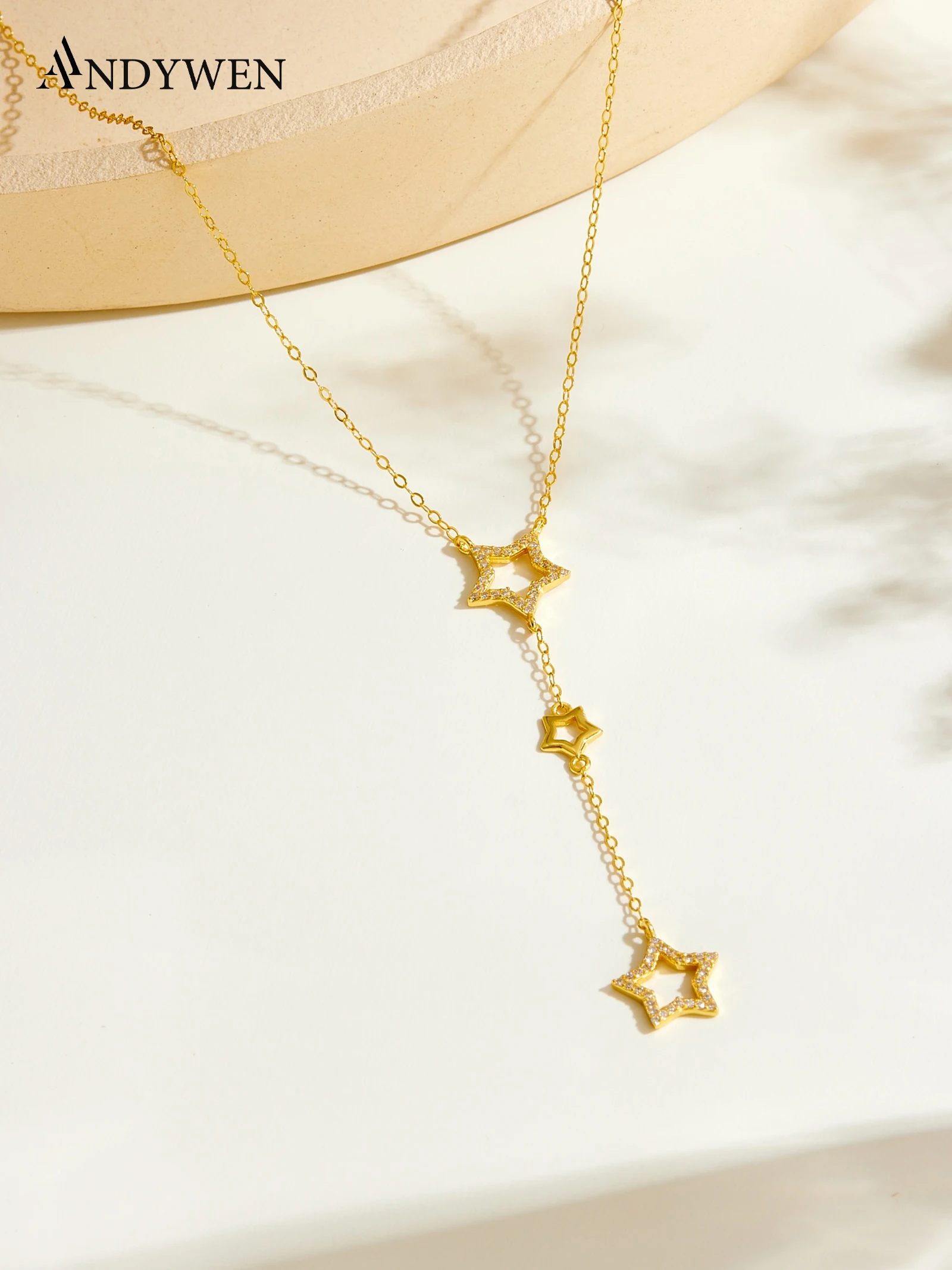 ANDYWEN 925 Silver Star Necklace, Lariat Full CZ with Openwork, Sweet & Chic Jewelry Gift Box, Day to Evening Wear