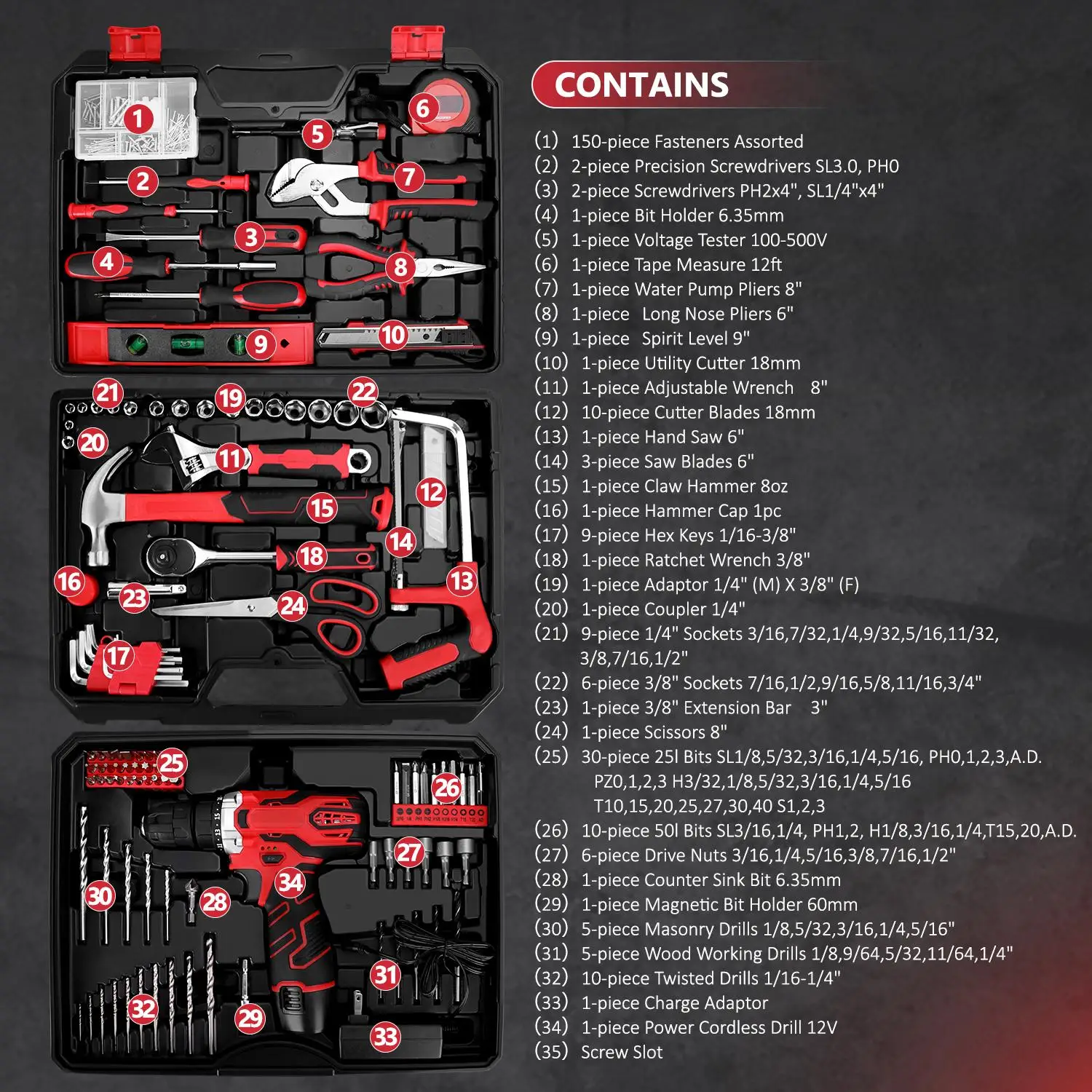 Complete 276 Piece Homeowner Toolbox With Drawer Organizer 12V Drill Driver General Hand Repai