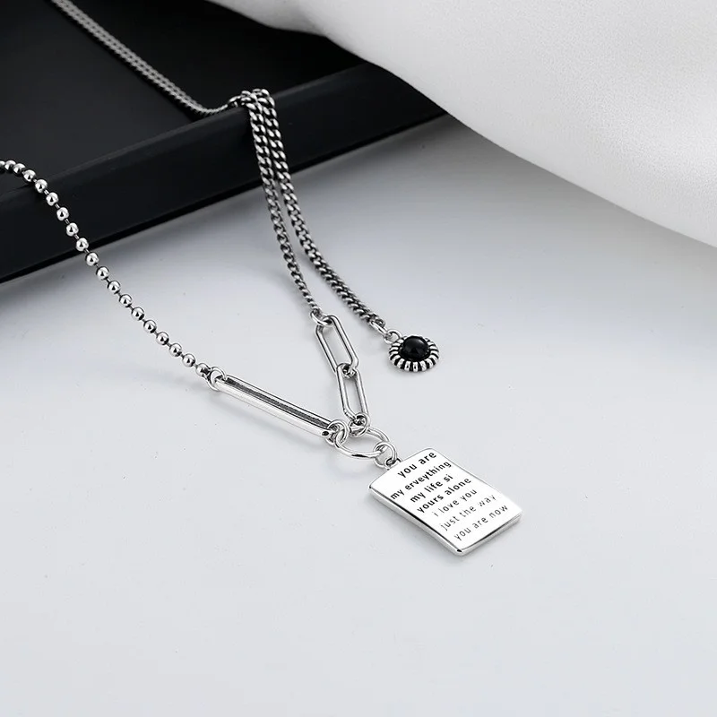 145L ZFSILVER Fashion Silver 925 Trendy Retro Hip-hop Letter Tassel Rectangle Necklace Pendants Sweater For Women Charms Jewelry