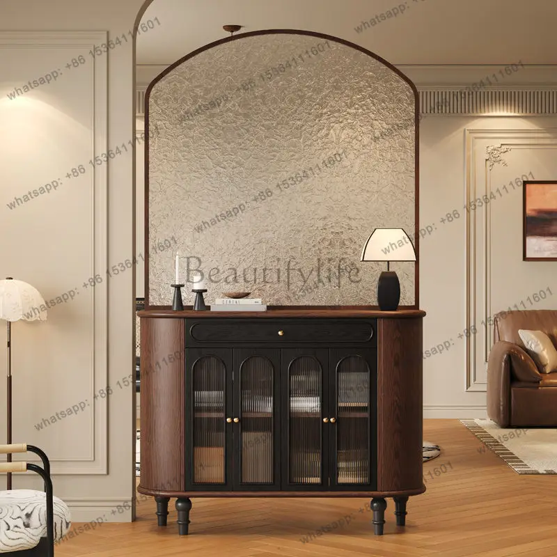 French solid wood porch cabinet, living room integrated storage, water ripple screen partition cabinet