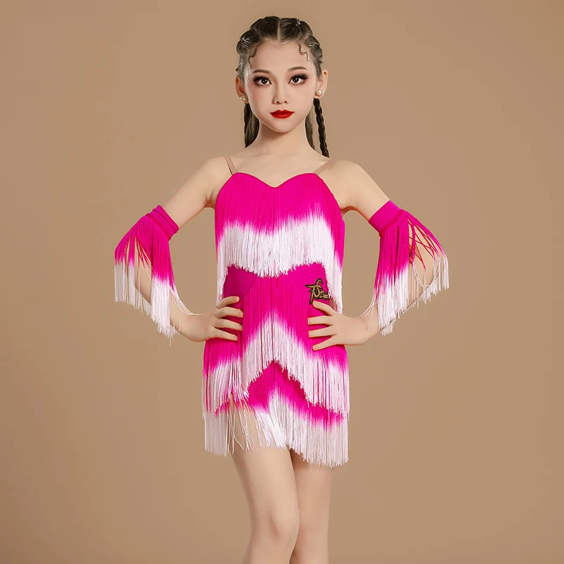 Gradient Full Fringed Dance Dress Girls Chacha Latin Dance Tassels Dresses Children'S Ballroom Dance Competition Costume SL12316