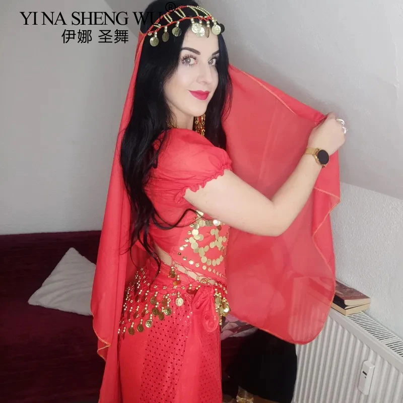 مجموعة ملابس الأميرة العربية للبالغين ملابس الرقص الشرقي اللامعة للنساء مُزينة بالترتر + السراويل طقم أزياء للسيدات والرقص الهندي الشرقي