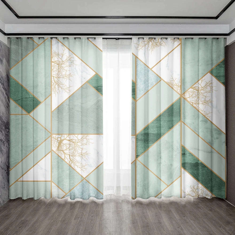 2PC Home Decoration Curtains, Green Art Marble With Rod Pocket Curtains, Kitchen, Coffee Shop, Living Room, Balcony, Garden