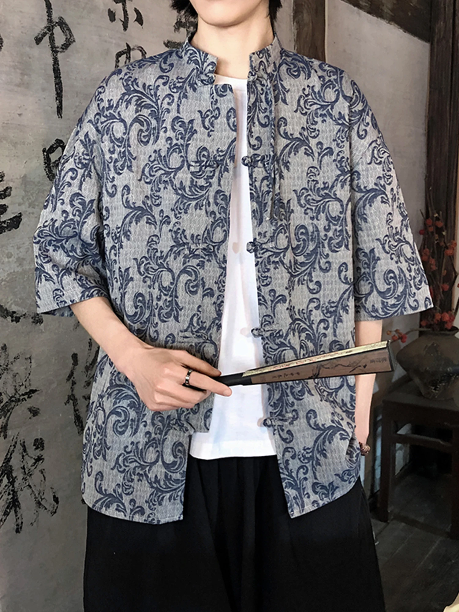 

Retro Embroidered Hanfu irt Loose Fit ort Sve Button up Stand Collar Top Comfortable Breathable Cotton Polyester Blend