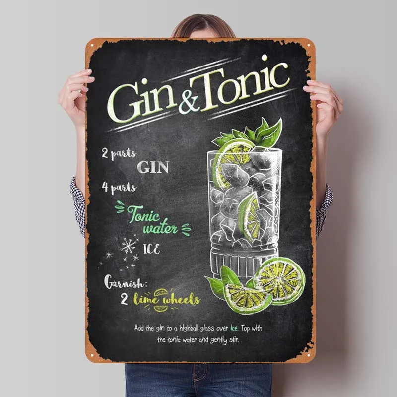 Gin and Tonic Metal Poster Wall Art Dekoration Retro Metal Tin Sign for Bar Restaurant Home Kitchen Wall Decoration House Decor