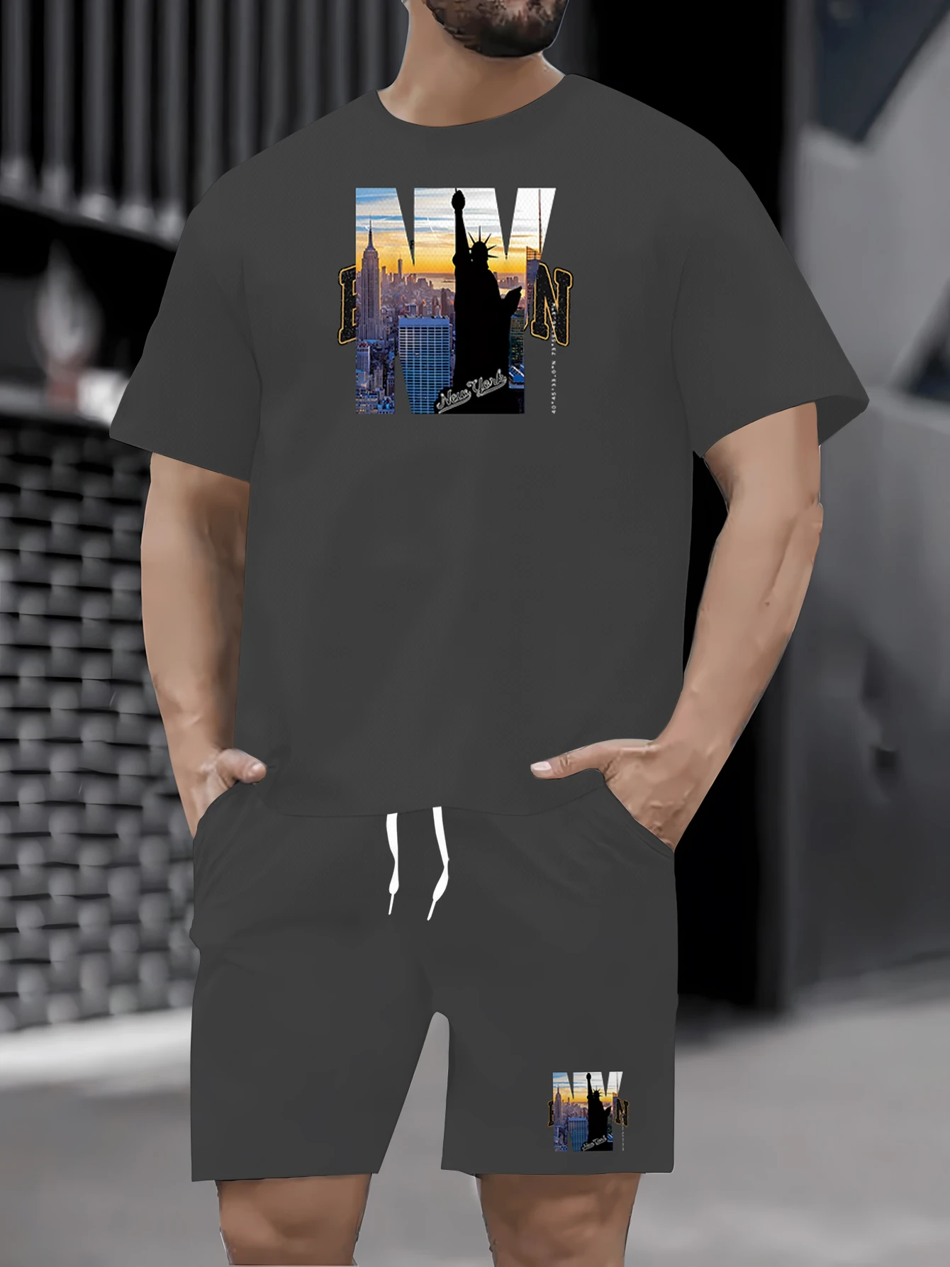 Sommer neues lässiges zweiteiliges Rundhals-Kurzarm-T-Shirt für Herren und Shorts mit Kordelzug, gestrickte Outdoor-Sportbekleidung