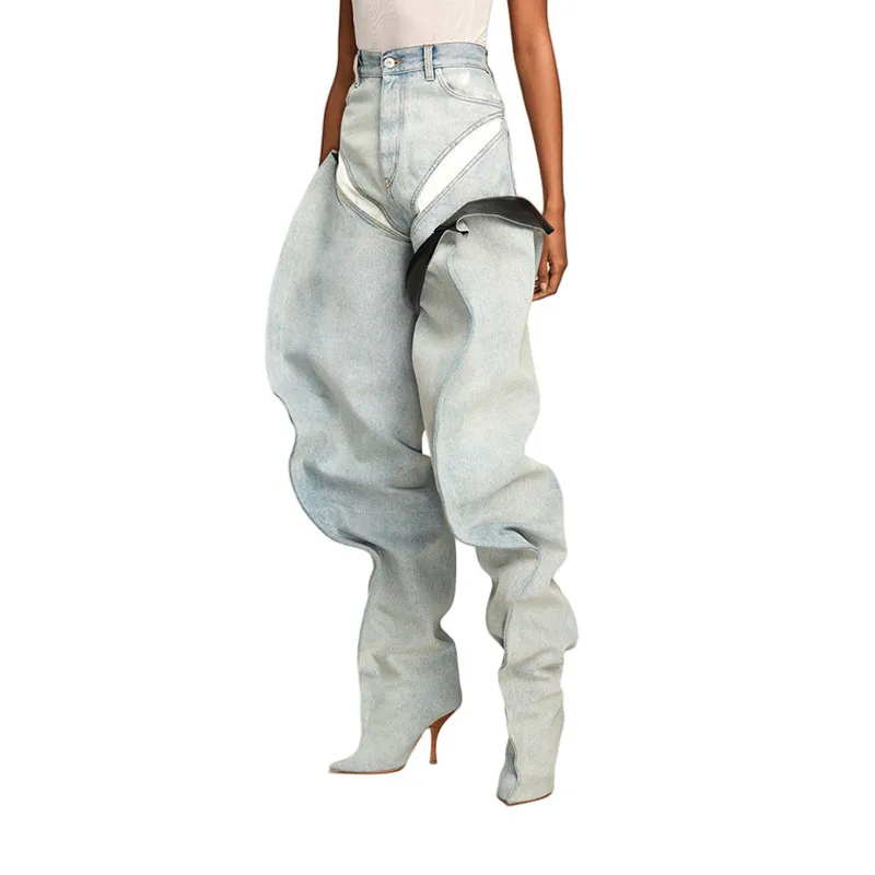 Women's Avant-garde Oversized Denim Jeans With Integrated Boots Woman Over The Knee Pointed Toe High Heels Shoes Mujer Long Boot