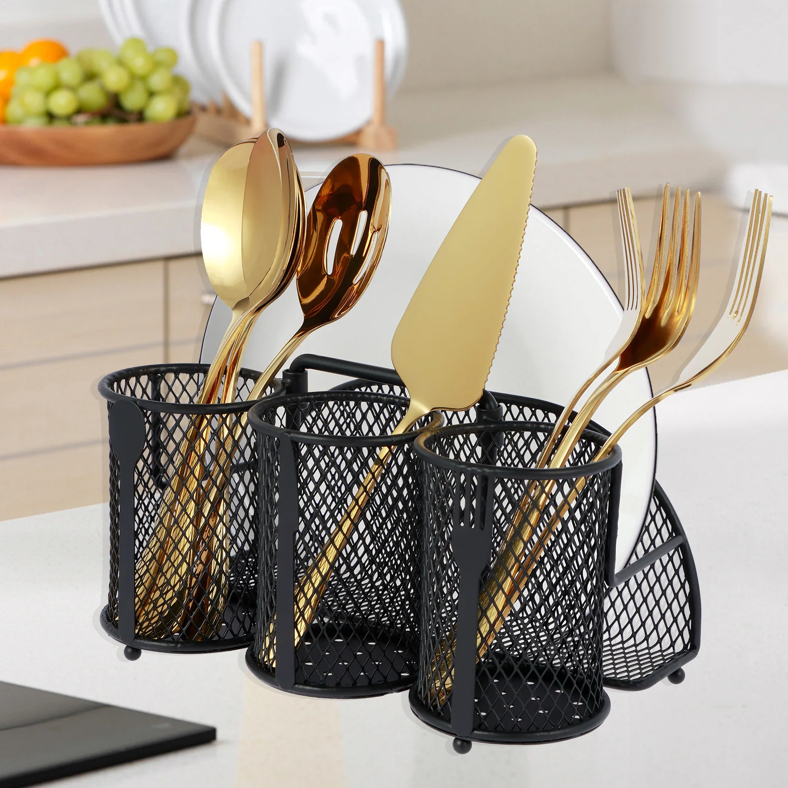 Metal Utensil Caddy Mesh Silverware Caddy 4 Compartments Flatware Caddy with Retractable Handle Cutlery Caddy with Weighted Base