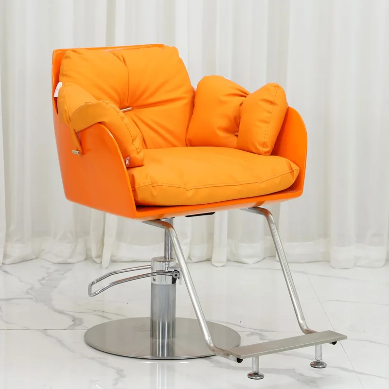 Luxury Round Base Orange Leather Salon Shaving Chair Small Barbershop Furniture Hairdressing Styling Chair for Women