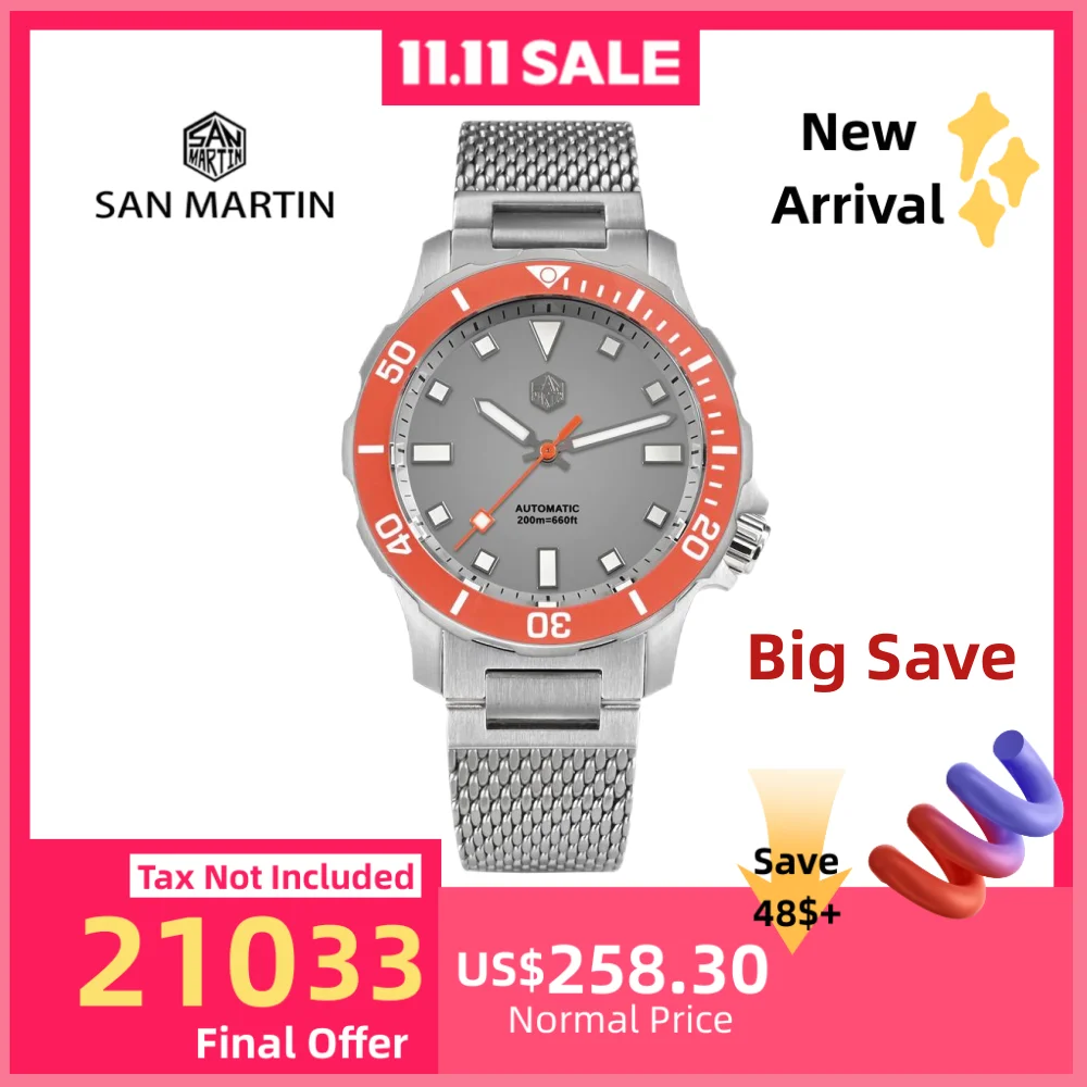 

San Martin 39.5mm Wrist Watch For Men Automatic Sports Dive Wristwatch 20Bar Self-Wind Milanese Mesh Bracelet BGW-9 Lume SN0085B