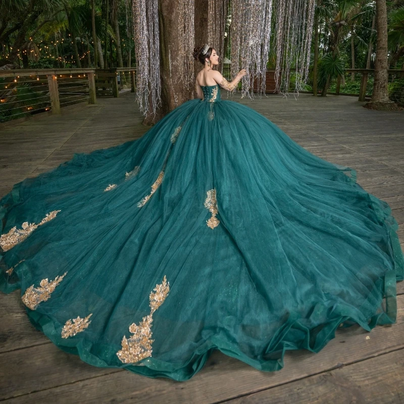 Customized Green Quinceanera Dresses Ball Gown Off The Shoulder Gold Applique Beads Tull Corset Party Birthday Sweet 16 Vestidos