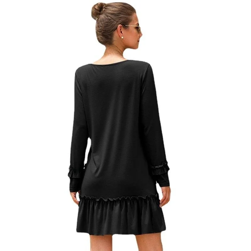 봄 패션 루즈핏 브이넥 레이스 헴 드레스 여성용 신상 2024 캐주얼 슬리브 롱 드레스 코튼 거즈 스커트 드레스