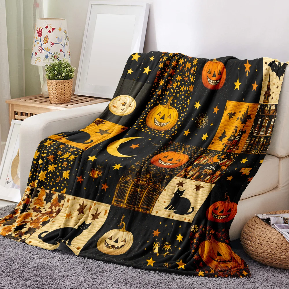 1PC Halloween Patchwork Print Blanket — Made of soft plush flannel with pumpkin, cat, and bat prints, it's perfect for sofas, be